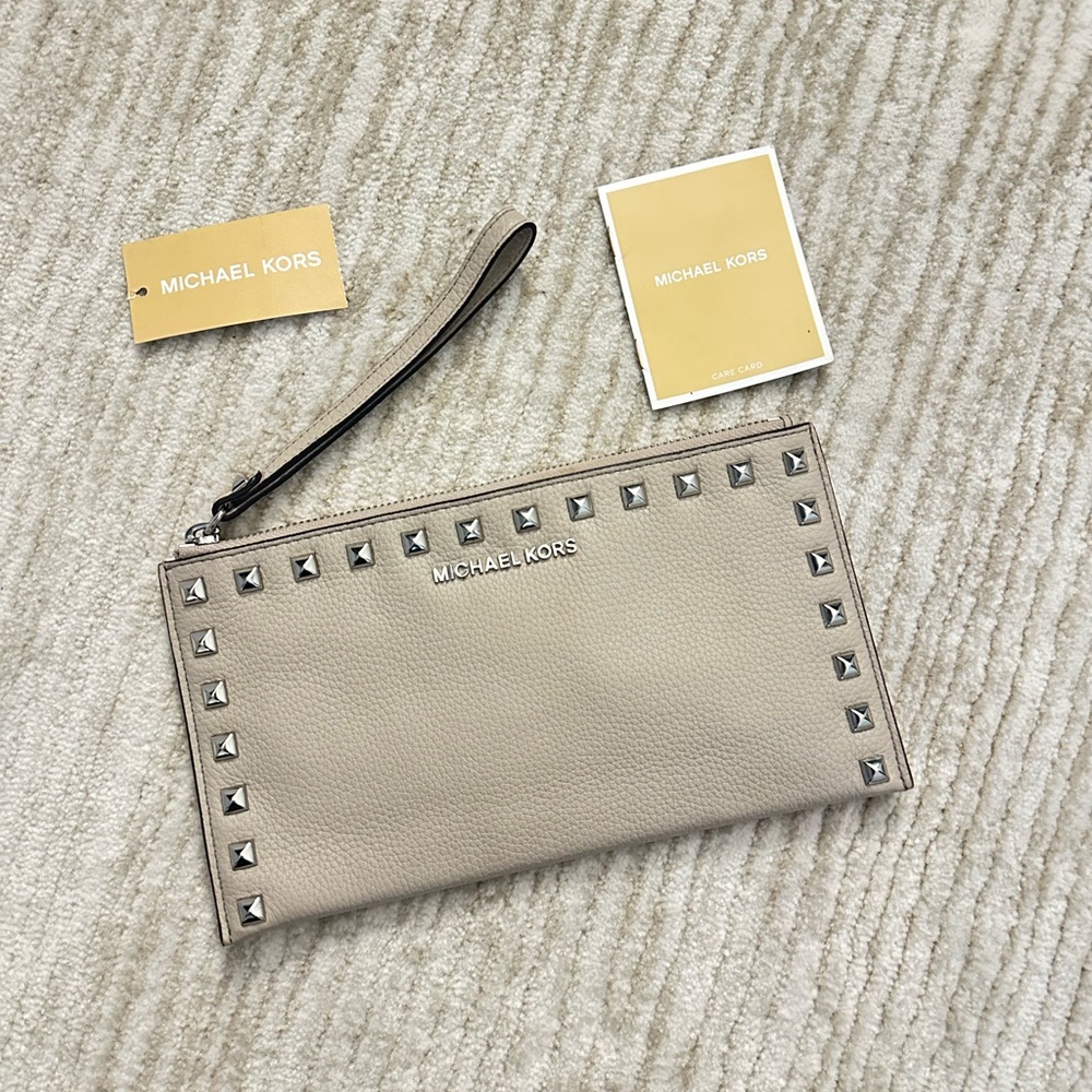 Michael kors cement studded large zip clutch leather